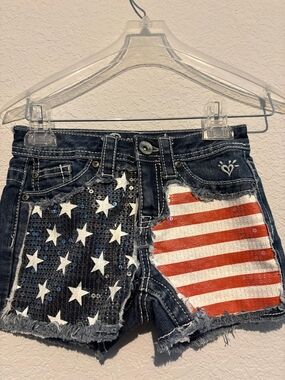 Justice Girls Flag Sequin Denim Shorts - Dark Blue, Red, White